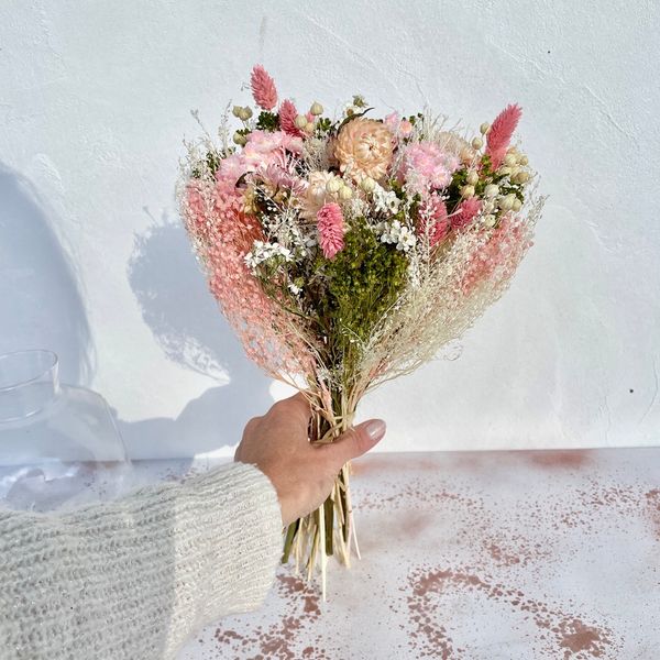 Bouquet bohème rose, bouquet fleurs séchées, fleurs séchées roses, chaton et monsieur ours, Biarritz, France